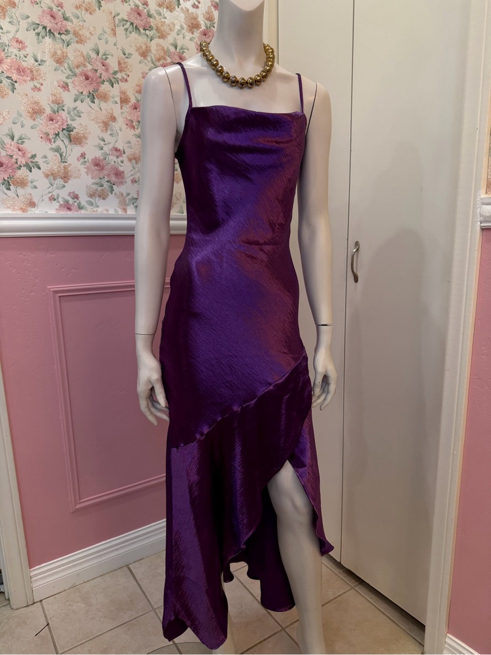 Purple Satin Slip Dress with Cowl Neck